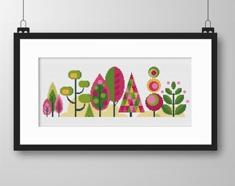 Cross Stitch Scandinavian Forest Trees - Colourful Seasons Series Summer - Modern Folk Art design by Vivsters - PDF counted chart 050D