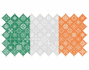 Cross Stitch Quaker Sampler Ireland Flag tiled patchwork squares patriotic design by Vivsters, PDF counted chart 042IE