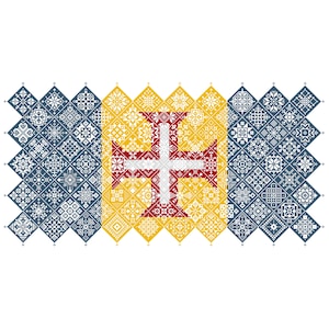 Muestrario de punto de cruz Quaker con la bandera de Madeira, cuadrados de patchwork en mosaico, diseño patriótico de Vivsters, gráfico contado en PDF 042PTM