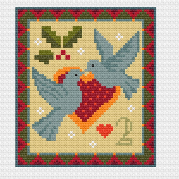 Cross Stitch 12 days of Christmas carol, 2nd Day, two turtle doves mini chart, great for greetings card by Vivsters, PDF counted chart 094B