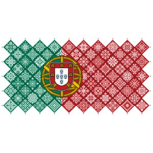 May include: A rectangular graphic design featuring the flag of Portugal composed of a grid of diamond-shaped tiles. The left side is green and the right side is red, both filled with intricate white geometric patterns and a central coat of arms.