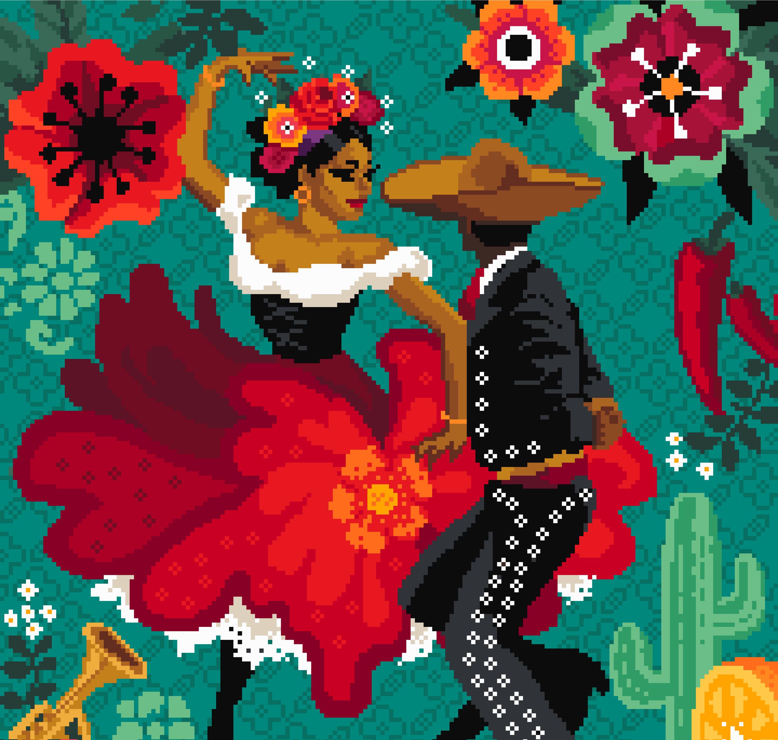 Mexican Dancing Couple Cross Stitch Pattern: Colorful Folk Art