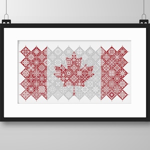 May include: Framed art print of the Canadian flag. The flag features a detailed pattern in red and white, with a central maple leaf design. The artwork is displayed in a black frame, ready to hang.