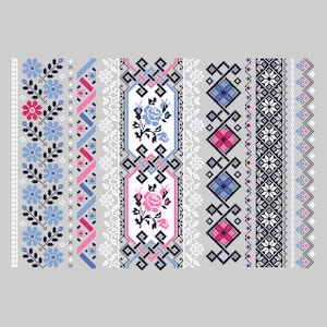 May include: A digital illustration of several vertical patterns with a cross-stitch aesthetic. The designs feature floral, geometric, and ornamental motifs in shades of blue, pink, white, and black on a gray background. The patterns are reminiscent of traditional embroidery.
