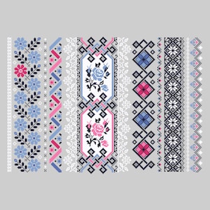 Cross Stitch Banded Floral Border Sampler, ethnic Ukrainian Romanian Embroidery Modern Folk Art design by Vivsters - PDF counted chart 103A