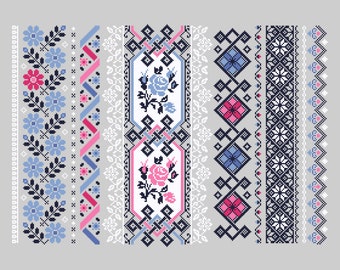 Cross Stitch Banded Floral Border Sampler, ethnic Ukrainian Romanian Embroidery Modern Folk Art design by Vivsters - PDF counted chart 103A