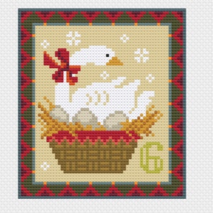 Kruissteek 12 dagen kerstlied, 6e dag 6 Ganzen-een-leggende minikaart, wenskaart van Vivsters, PDF-telkaart 094F