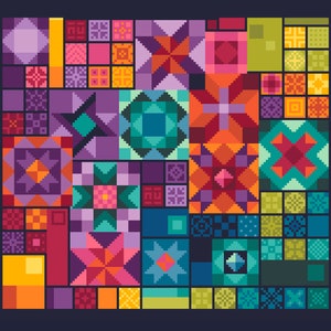 Gráfico de punto de cruz Patrón de bloque de patchwork para colcha Crazy Squares, diseño Ocean Coral Deep, Folk Art de Viv - Patrón contado en PDF 328