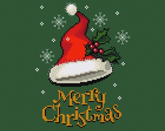 Cross Stitch Christmas Santa Claus hat with snowflakes and holly - Winter holidays - Greetings card idea by Vivsters - PDF counted chart 210