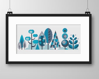 Cross Stitch Scandinavian Forest Trees - Colourful Seasons Series Winter Ice - Modern Folk Art design by Vivsters - PDF counted chart 050B