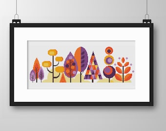 Cross Stitch Scandinavian Trees - Seasons Series Autumn /Fall Thanksgiving - Modern Folk Art design by Vivsters - PDF counted chart 050E