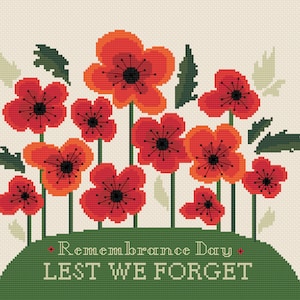 Cross Stitch Field of Poppies for Remembrance Day - Lest we Forget - Modern cross stitch/tapestry design by Vivsters - PDF counted chart 204