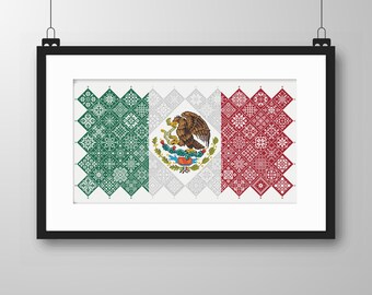 メキシコ国旗のクロスステッチパターン：クエーカーサンプラーの鷲と蛇