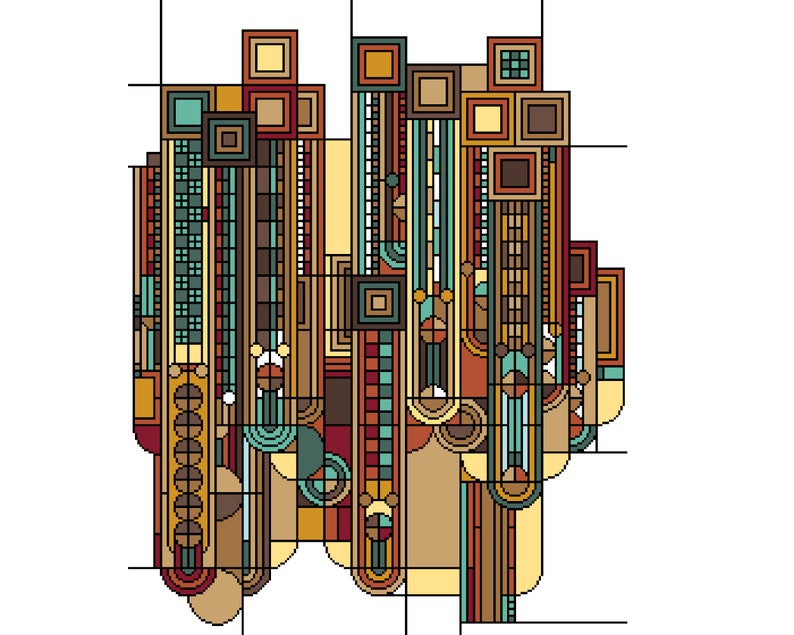 May include: Abstract geometric art print featuring a colorful design with squares, rectangles, and curved shapes. The artwork uses a palette of earth tones, including brown, tan, and teal, with black lines defining the forms. The overall style is reminiscent of stained glass.