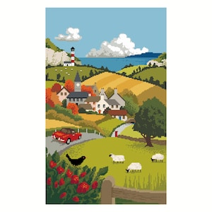Cross stitch pattern - A drive out to the seaside - red sports car - Picture postcard wish you were here  PDF chart by Vivienne Powers - 057