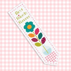 Op de afbeelding: Een witte bladwijzer met een roze en wit geruit patroon aan de onderkant. De bladwijzer heeft een kleurrijke bloem met groene bladeren in een vaas. De tekst "Best Friends Forever" staat in zwart bovenaan de bladwijzer.