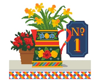 Cross Stitch Narrowboat Painted Flower Jug and Daffodils with house number - with all numbers - Folk art design - PDF counted chart 238