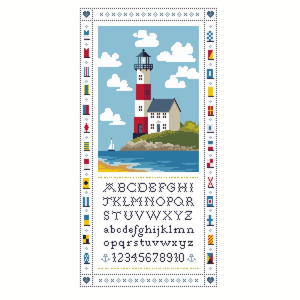 Cross Stitch Pattern The Lighthouse alphabet sampler maritime naval signal flags and Morse Code instant PDF chart Cross Stitch Patterns 236B