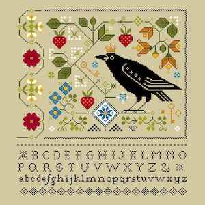 Patrón de punto de cruz Fraktur Raven: Muestrario de colores del alfabeto del mirlo (gráfico contado en PDF 196B)