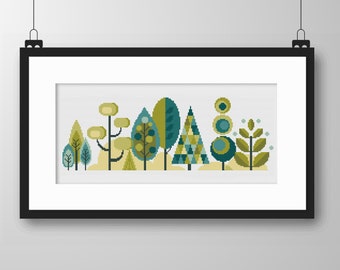 Cross Stitch Scandinavian Forest Trees - Colourful Seasons Series Spring - Modern Folk Art design by Vivsters - PDF counted chart 050C