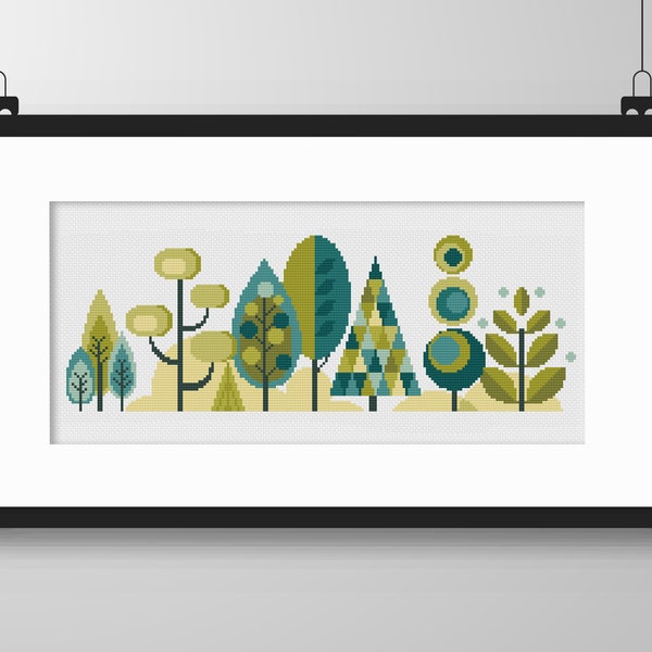 Cross Stitch Scandinavian Forest Trees - Colourful Seasons Series Spring - Modern Folk Art design by Vivsters - PDF counted chart 050C