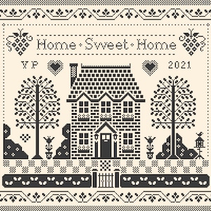 Kreuzstich Quäker Stickmuster, Home Sweet Home Monochrom Schwarzstickerei mit Alphabet, Moderne Volkskunst Design von Vivsters, PDF Zählvorlage 215B