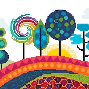 May include: A pixel art landscape with stylised trees and a colourful, rainbow-patterned hill. The trees have various designs, including a swirl, dotted circles, and cloud-like shapes. A yellow sun is partially visible behind the hill, and the sky is white with pixelated clouds.