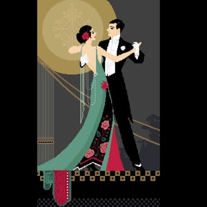 May include: A couple in formal attire dances together in a vintage illustration. The woman wears a green and red dress with floral details and a pearl necklace. The man wears a black tuxedo with a white bow tie. The background is a dark gray with a gold circle and geometric design.