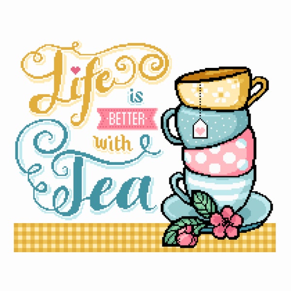 Cross Stitch pattern Life is Better with Tea with colourful tea cups, vintage poster cafe sign style Teatime Poster, counted PDF chart 159A