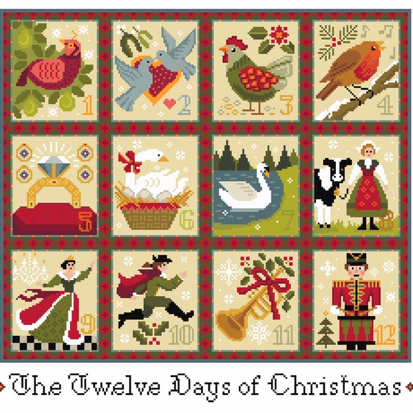 Cross Stitch pattern 12 days of Christmas carol, complete in both landscape and Portrait counted chart by Vivsters, instant download PDF 094