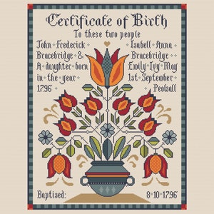 Kruissteekpatroon Fraktur Doopmonster plus alfabet om baby- en oudernaam te personaliseren Volkskunst Bloemenvaas PDF-downloadtabel 327