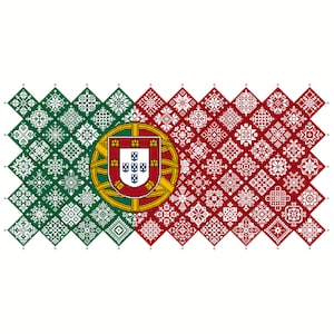 Patrón de punto de cruz Quaker Sampler Portugal Bandera Nacional mosaico cuadrados diseño patriótico por Vivsters, PDF contado gráfico 042PT