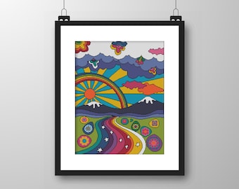 Psychedelic Rainbow Cross Stitch Pattern: 70s Flower Power