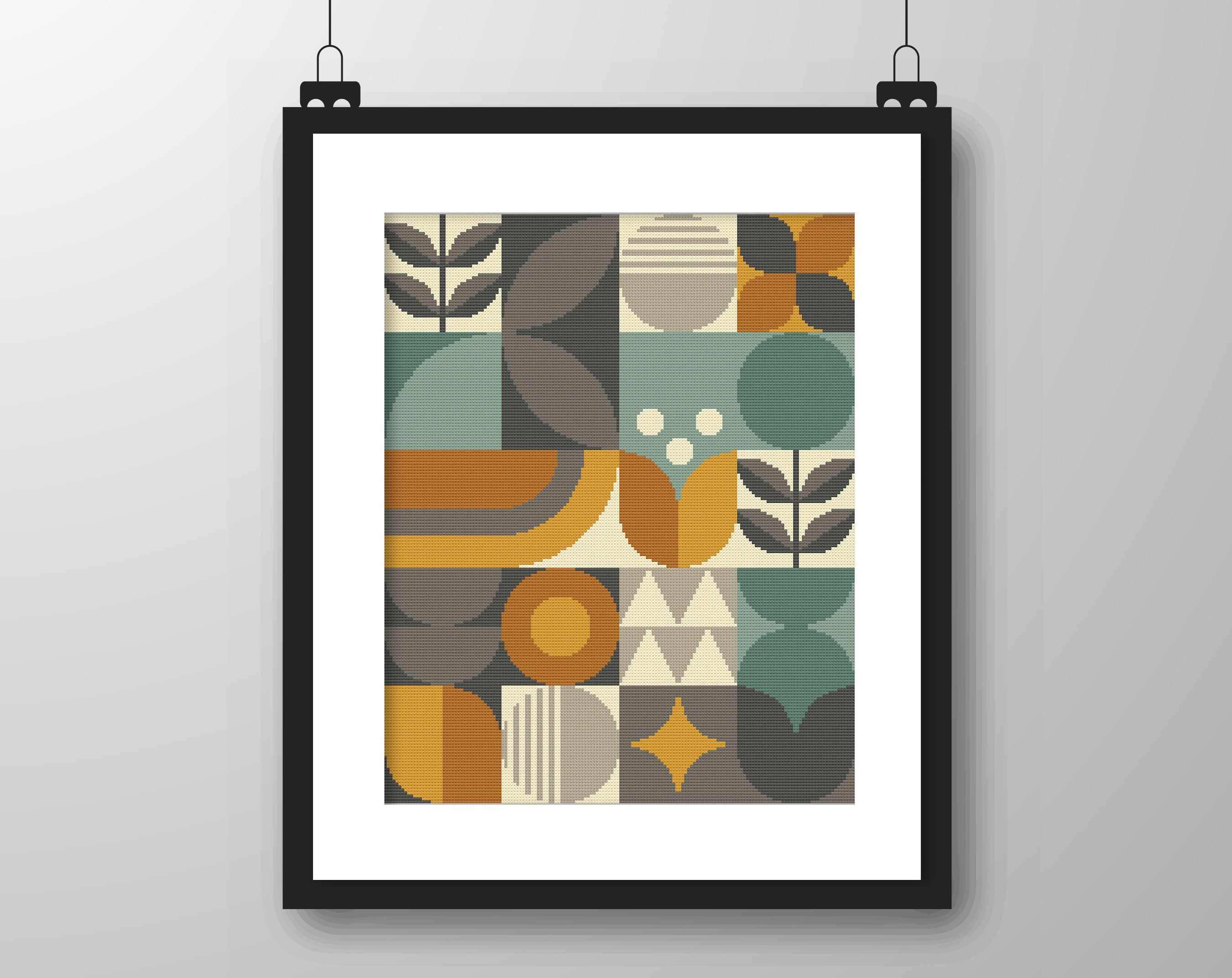 Retro Geometric Shapes Brown Scandinavian Style Cross Stitch