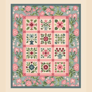 Modèle de point de croix avec blocs de courtepointe en patchwork : floral shabby chic (tableau compté 132 au format PDF)