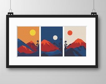 Cross stitch Japanese landscapes Sunset over mountains, three in one contemporary modern cross stitch/tapestry chart by Vivsters - 033