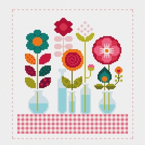 Cross Stitch Floral Patchwork Cute flowers, mini bottles & vases Shabby Chic Folk Art design by Vivsters PDF counted chart 064 image 2