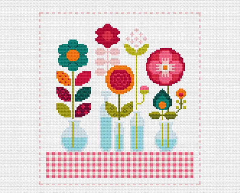 Cross Stitch Floral Patchwork Cute flowers, mini bottles & vases Shabby Chic Folk Art design by Vivsters PDF counted chart 064 image 2