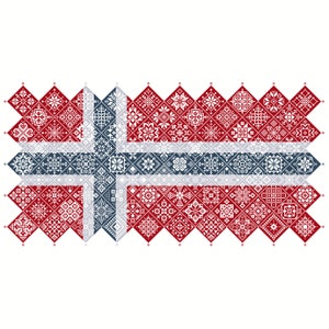 Cross Stitch Quaker Sampler Noruega Bandera mosaico mosaico cuadrados diseño patriótico por Vivienne Powers, PDF contado gráfico 042NO