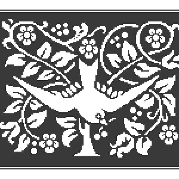 Cross Stitch Swallow Bird in Tree with Flowers Arts and Crafts/Art Nouveau Movement, Medieval MONO chart by Vivsters, PDF counted chart 095B