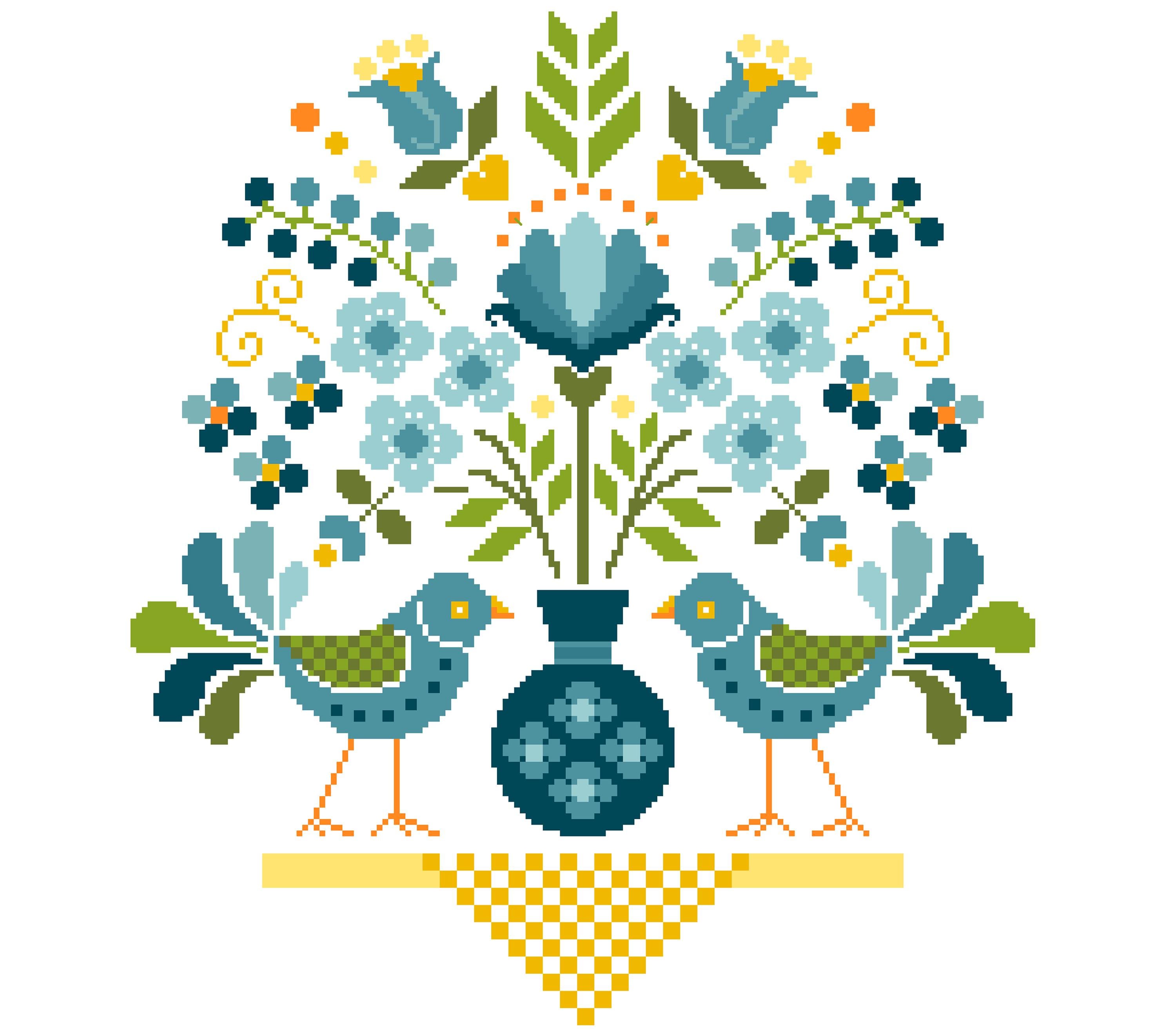 ハンガリー民芸クロスステッチ図案：花束と鳥（PDF図案161） - Etsy 日本