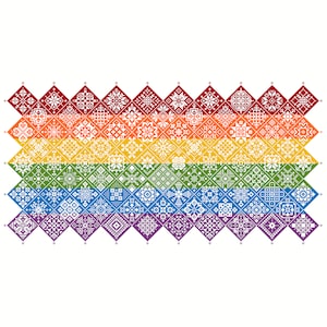 Cross Stitch Quaker Sampler LGBTQ Rainbow Pride Flag azulejos patchwork cuadrados diseño por Vivsters, PDF contado gráfico 042LGBTQ