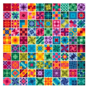 Puede incluir: Un vibrante patrón geométrico colorido compuesto por numerosos cuadrados, cada uno con un diseño único. Los cuadrados muestran una variedad de formas y colores, incluyendo rojo, azul, amarillo y verde, creando un mosaico visualmente atractivo.