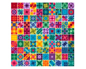 May include: A grid of one hundred square quilt blocks arranged in ten rows and ten columns. Each block features a unique geometric pattern composed of various colors including red, blue, green, yellow, orange, purple, pink, and teal shades.