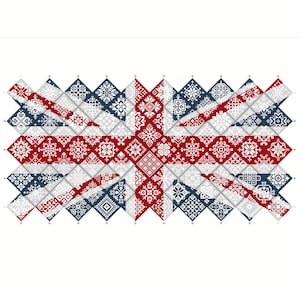 Muestrario de punto de cruz Quaker con la bandera de Inglaterra del Reino Unido, cuadrados de patchwork en mosaico, diseño patriótico de Vivsters, gráfico contado en PDF 042UK