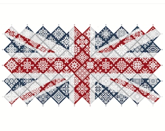 Cross Stitch Quaker Sampler UK Union Jack England Flag tiled patchwork squares patriotic design by Vivsters, PDF counted chart 042UK