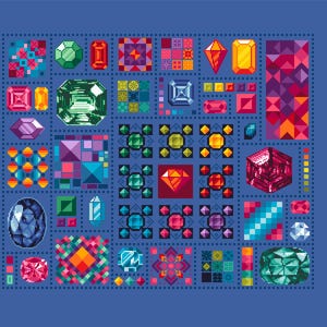 Puede incluir: Ilustración digital de varias piedras preciosas de diferentes formas y colores, incluyendo verde esmeralda, rojo rubí y azul zafiro. Las gemas están dispuestas en un patrón de cuadrícula sobre un fondo azul, creando un efecto de mosaico.
