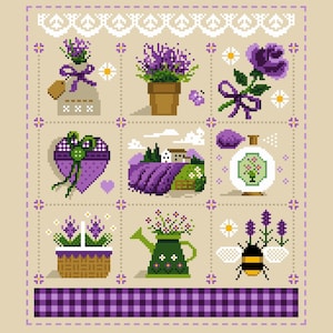 Cross stitch pattern - Lavender Fields Bees and nature - A Victorian Sampler - cross stitch/tapestry chart by Vivienne Powers - 011