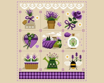 Cross stitch pattern - Lavender Fields Bees and nature - A Victorian Sampler - cross stitch/tapestry chart by Vivienne Powers - 011