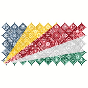 Cross Stitch Quaker Sampler Seychelles Bandera mosaico mosaico cuadrados diseño patriótico por Vivienne Powers, PDF contado gráfico 042SC